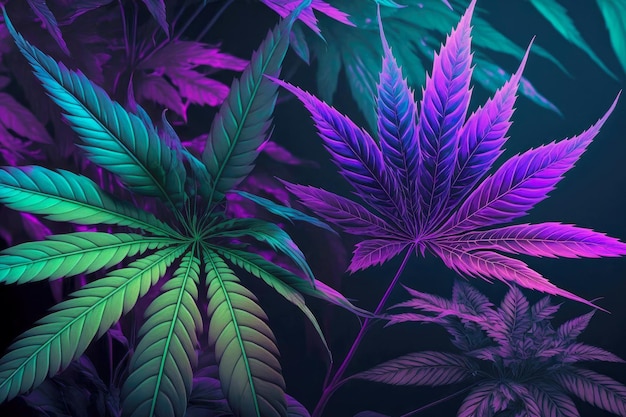 Photo green and purple shades in cannabis plants leaves