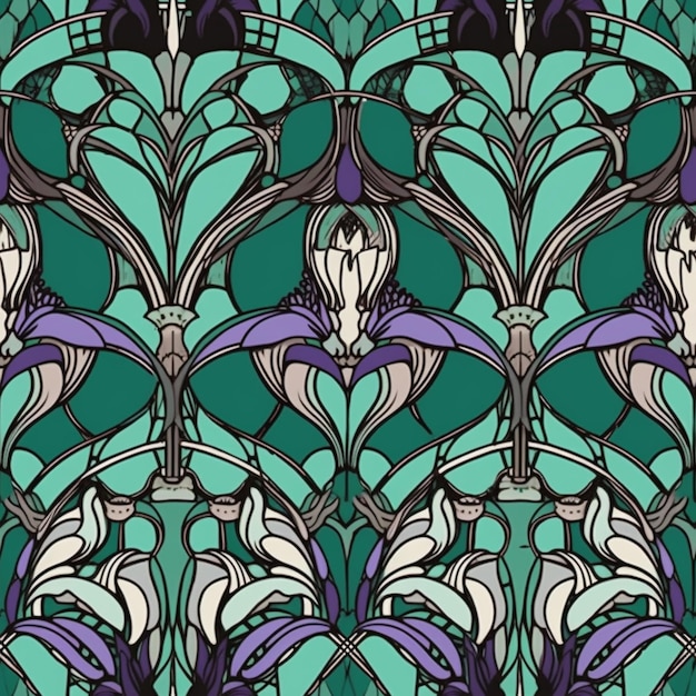 a green and purple stained glass pattern with a bird generative ai