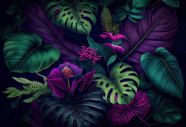 Green and purple tropical leafy plants background