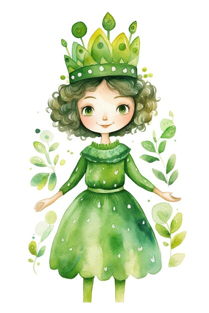 Green queen watercolor clipart cute isolated on white background with Generative AI