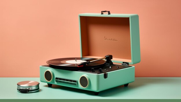 A green record player with the word grosgrain on it.