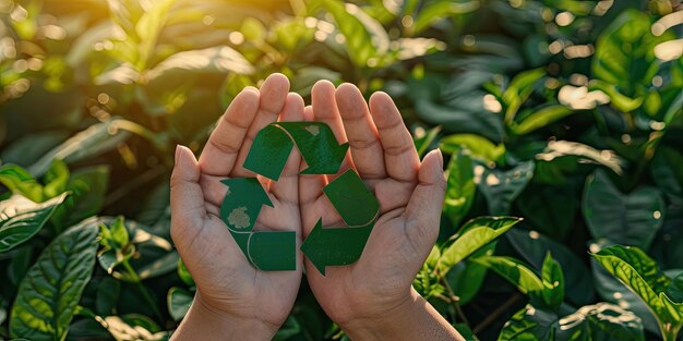 Photo a green recycle sign in the palm of your hands