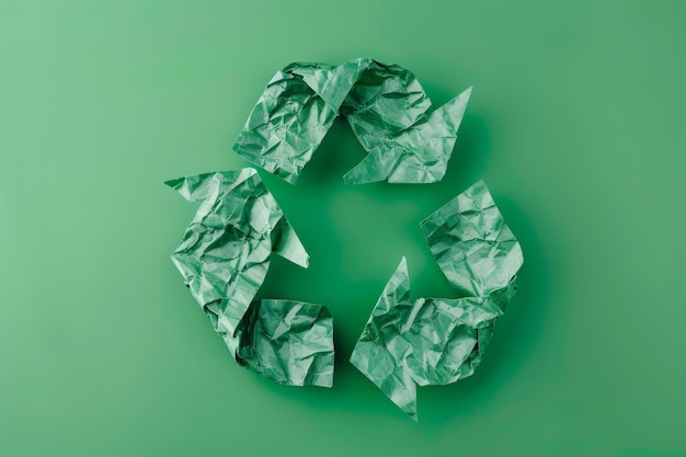 Green recycle symbol crafted from crumpled paper