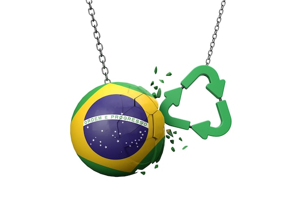 Green recycle symbol crashing into a brazil flag ball d\
rendering