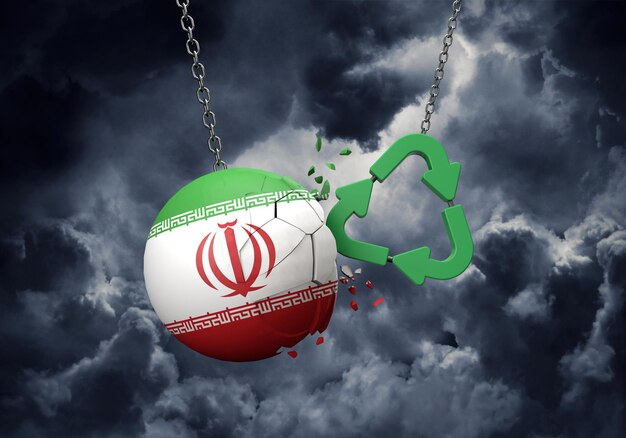 Green recycle symbol crashing into a iran flag ball d rendering