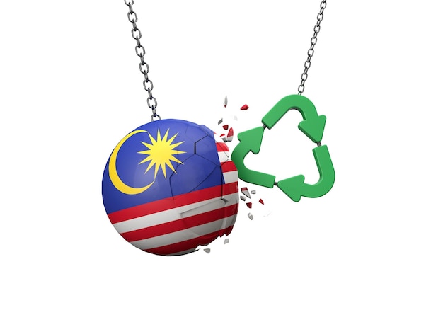 Green recycle symbol crashing into a malaysia flag ball d rendering