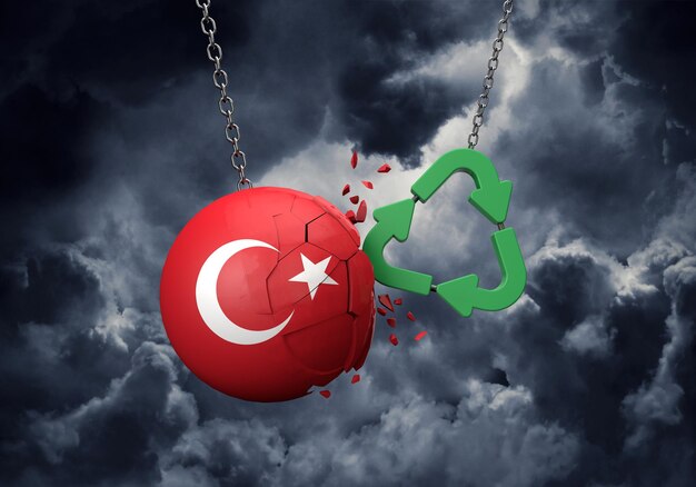 Green recycle symbol crashing into a turkey flag ball d rendering