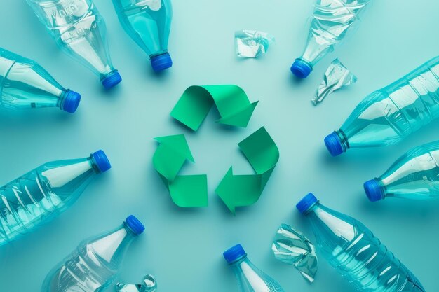 Green Recycle Symbol and Group of Plastic Water Bottles on Table Generative AI