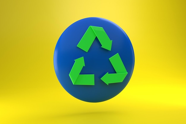 사진 노란색 배경이 있는 둥근 파란색 대화 상자의 녹색 재활용 기호. 3d 렌더링 그림