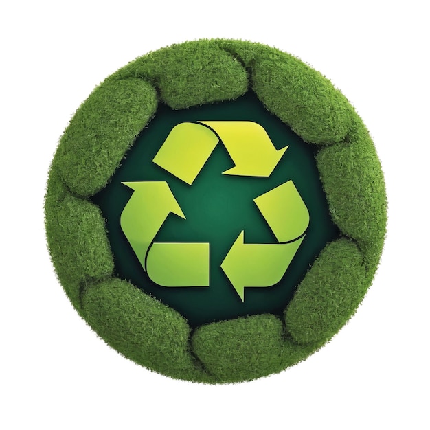 Green recycling symbol on a grasscovered globe symbolizing ecofriendliness