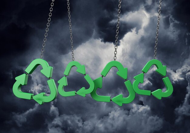 Green recycling symbol hanging from a chain against dark clouds 3D Rendering