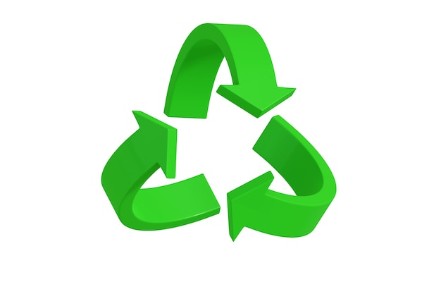 Simbolo di riciclaggio verde in tre dimensioni isolato su bianco.
