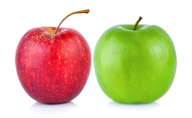 Green and red apple on white background