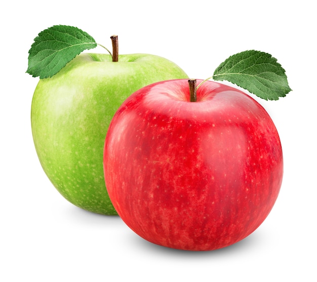 Green and red apple with leaves isolated on white