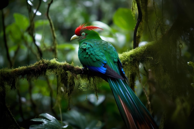 A green and red bird with a red head sits on a branch in the forest.