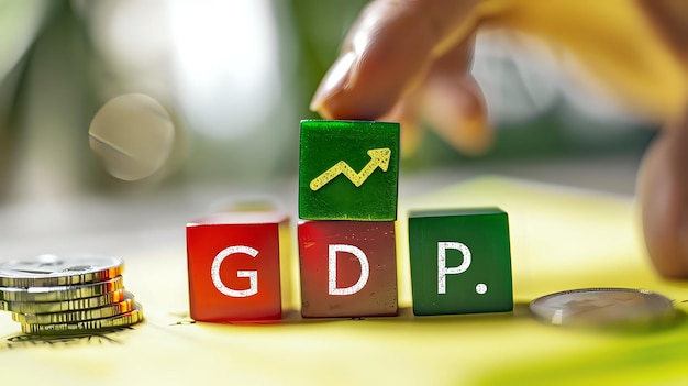 Photo green and red blocks with the letters spelling gdp and an up arr