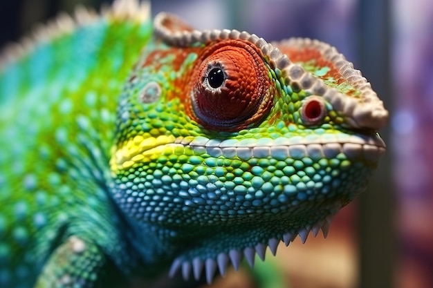 Photo green red and blue chameleon portrait close up