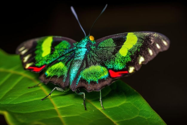 A green and red butterfly sits on a green leaf.