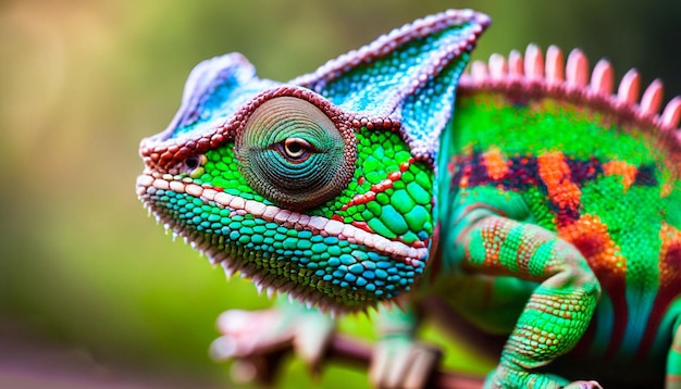 A green and red chameleon sits on a branch.