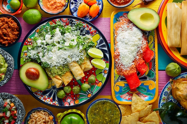 Green and red enchiladas with mexican sauces