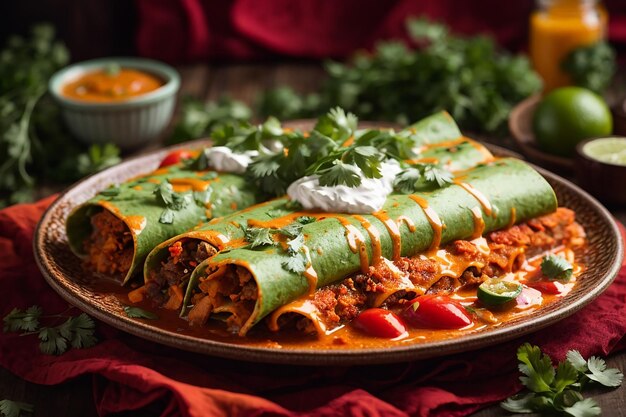 Green and red enchiladas with mexican sauces