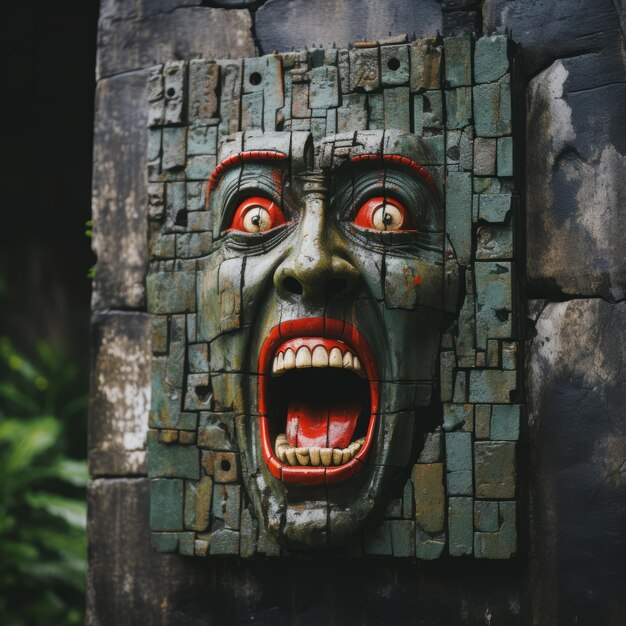 a green and red face on a brick wall