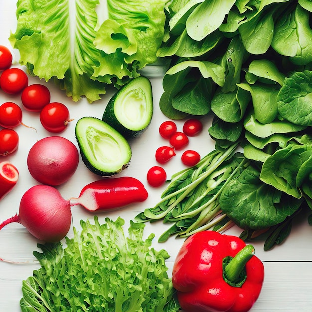 Green and red fresh vegetables red peppers radishes tomatoes green salad are on a white wooden table flat lay