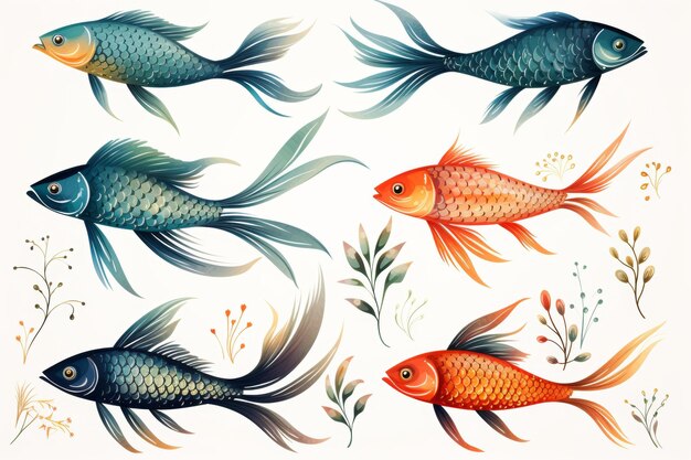 Green red and golden fishes with plants icons on white background cartoon style illustration