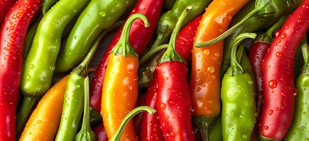 Green and red hot chili peppers on the counter of the store