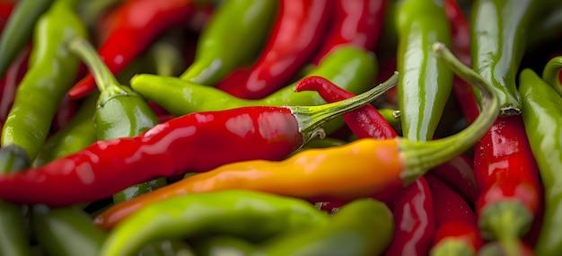 Green and red hot chili peppers on the counter of the store