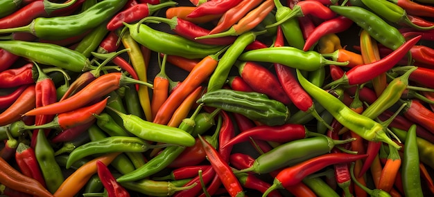 Green and red hot chili peppers on the counter of the store