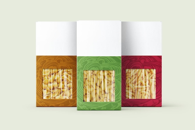 Photo green red and mustard yellow rectangular pasta boxes with transparent square window showing