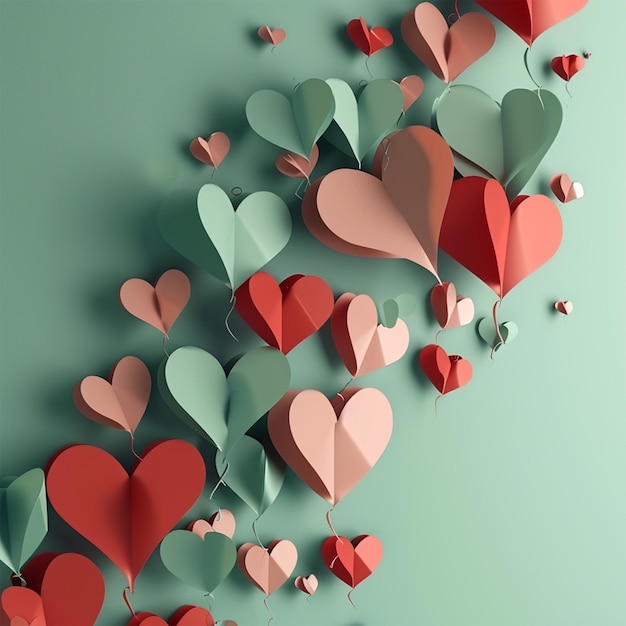 A green and red paper heart collage on a green background