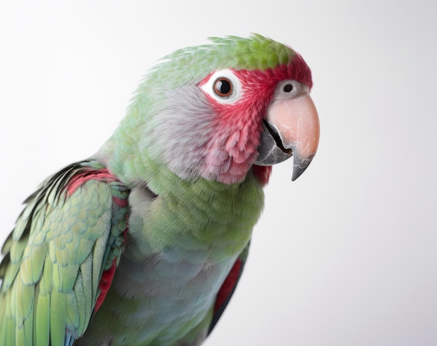 A green and red parrot with a white face and red feathers.