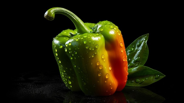 A green and red pepper with water droplets on it