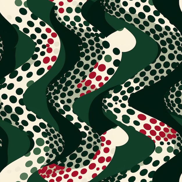 A green and red snake with red dots and white dots.