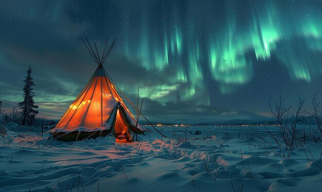 Photo a green and red tent with the aurora borealis above it