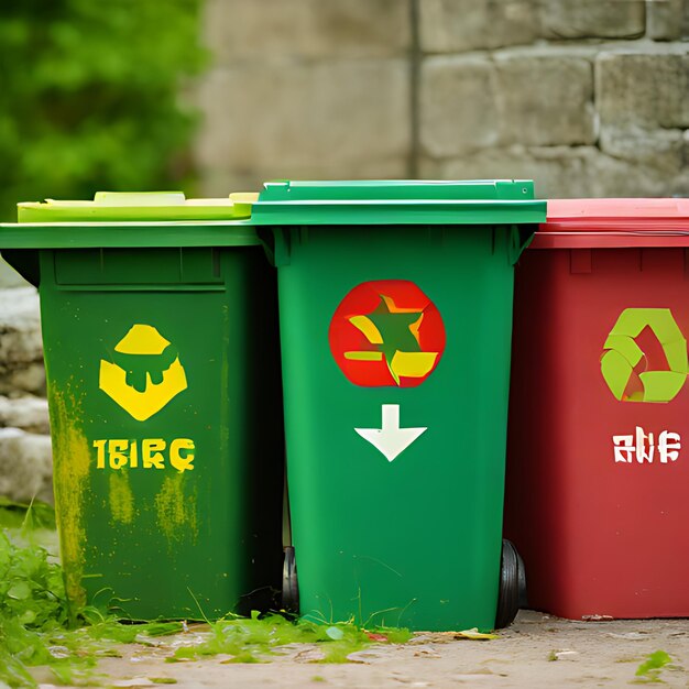 Photo a green and red trash can with the letters b and c on it