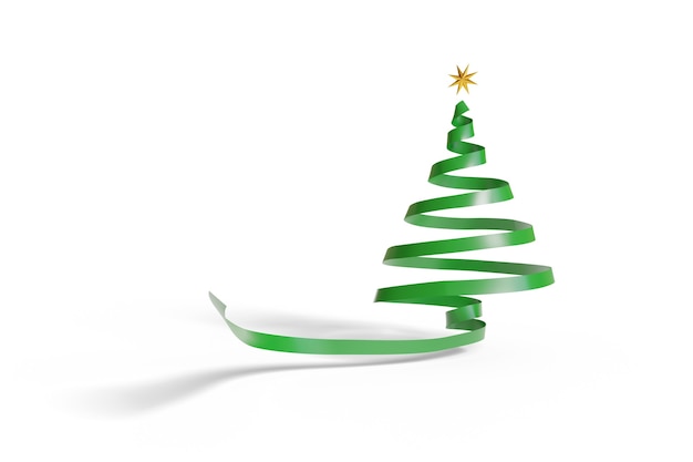 Green ribbon draws a Christmas tree with a gold star at its tip isolated on white background. 3d illustration.