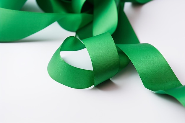 A green ribbon is on a white background.