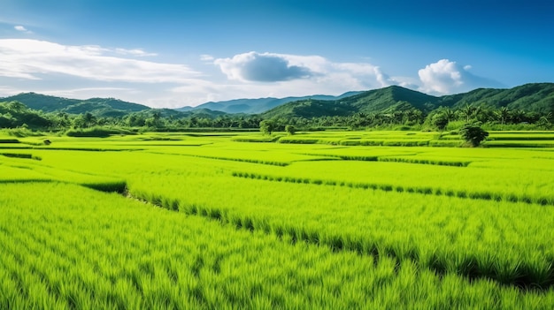 Green rice field and blue sky with sun light Nature background