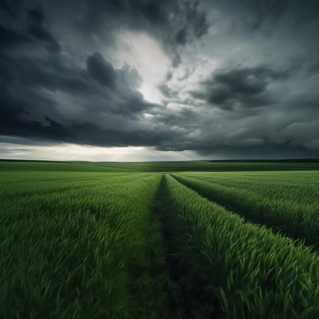 Green rice field and blue sky with sun light Nature background