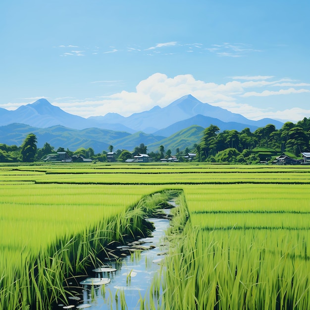 Green rice fields and mountain scenery and clear blue sky