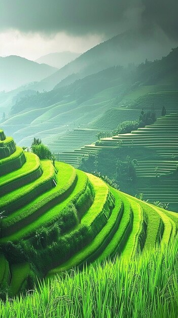 Photo green rice fields in the rainy season beautiful