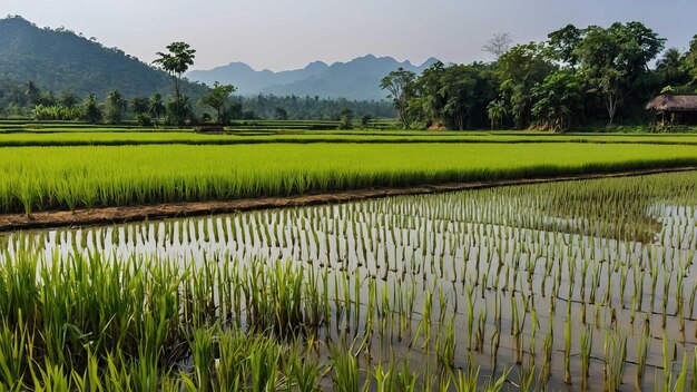 Photo green rice fields with reflections in mae cham mountain backdrop