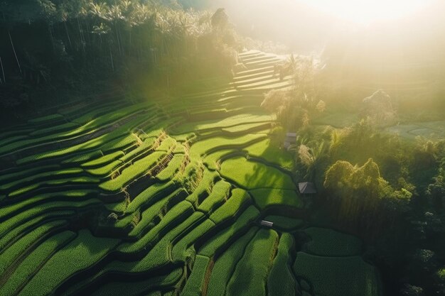 Terrazze di riso verde con la calda luce del sole del mattino illustration ai generativexa