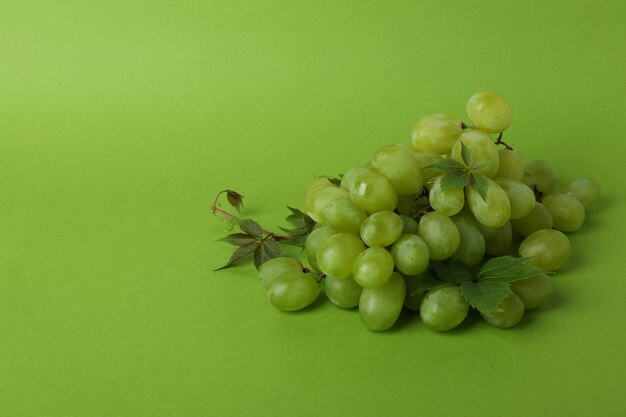 Green ripe grape on green background, space for text