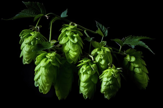 Photo green ripe hop cones on the plantation on black background in backlit