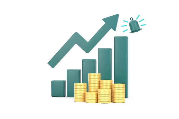 Green rising arrow and profit bar graph with multiple arrangements of coins