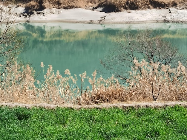 Photo a green river with a blue river in the background